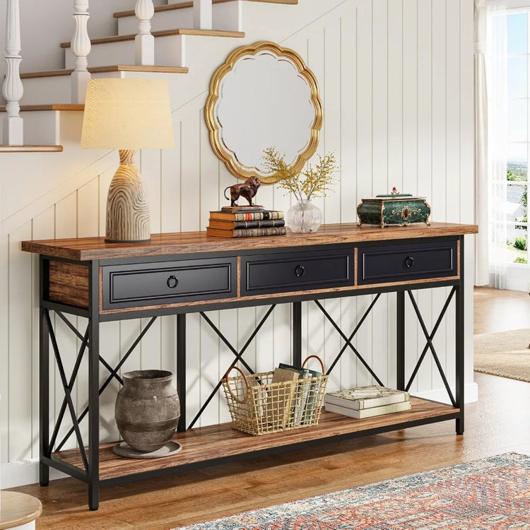 Extra Long Farmhouse Console Table with Drawers & Shelf