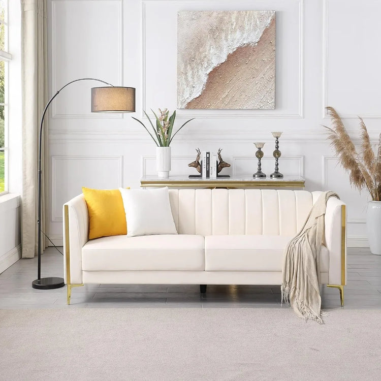 Modern White Faux Leather Sofa with Pillows