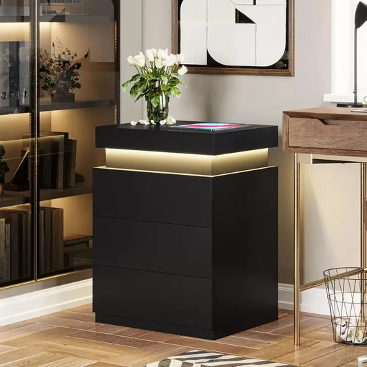 Modern LED Nightstand with Charging Station & Sliding Top