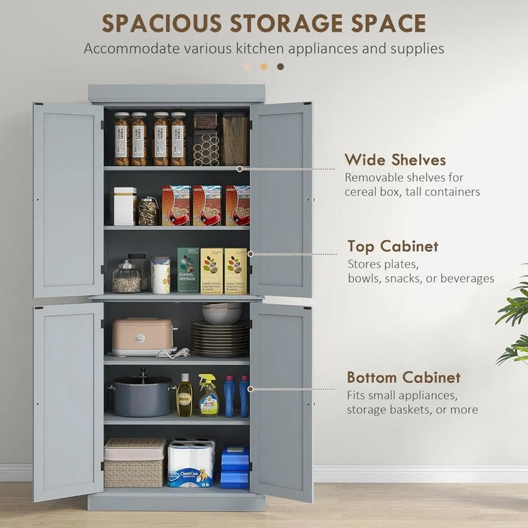 Tall Kitchen Pantry Cabinet with Doors & Shelves