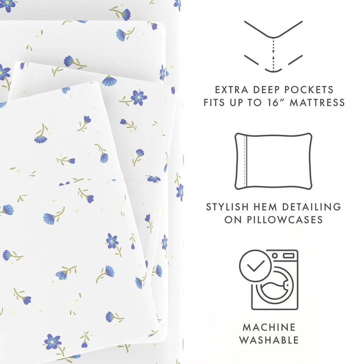 Light Blue Floral Queen Sheet Set