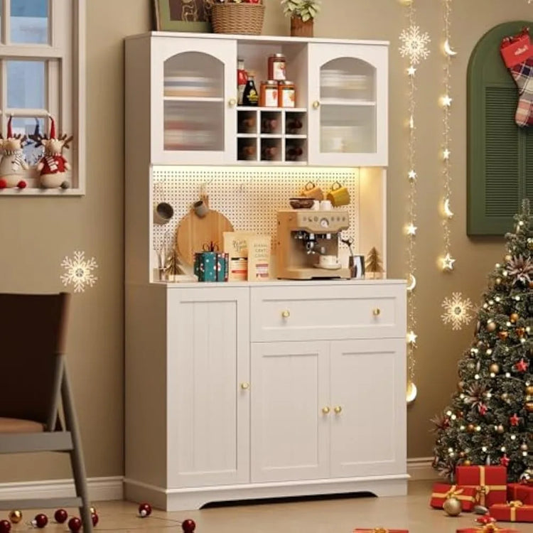 Kitchen Pantry Cabinet with Microwave Shelf & LED Light