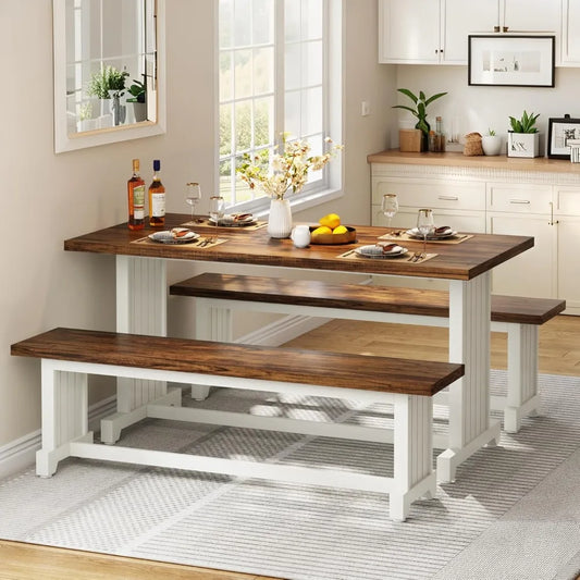 Farmhouse 3-Piece Dining Table Set with Benches
