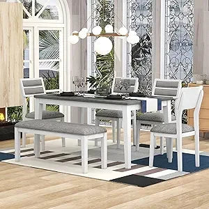 6-Piece Wooden Dining Table Set with Bench & Upholstered Chairs