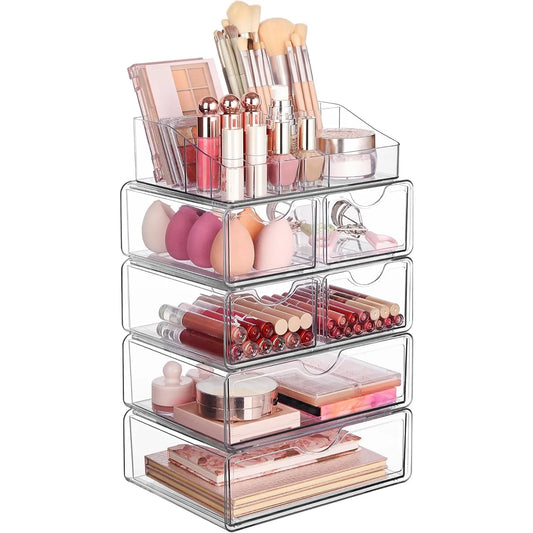 5-Tier Clear Makeup Organizer with Drawer