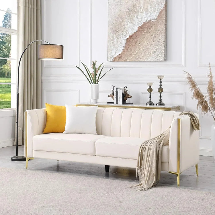 Modern White Faux Leather Sofa with Pillows