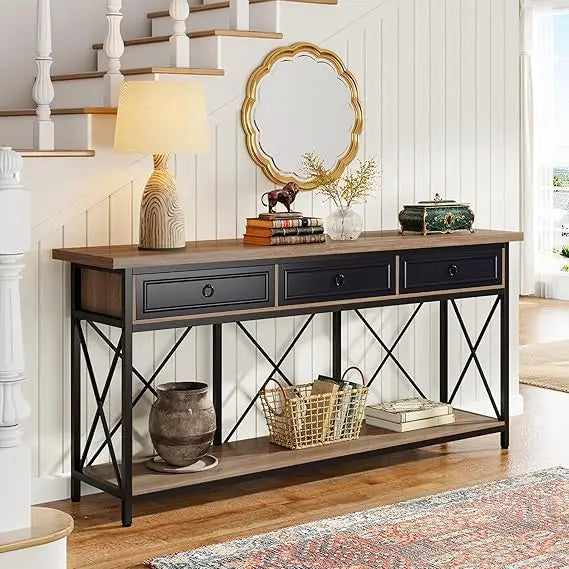 Extra Long Farmhouse Console Table with Drawers & Shelf