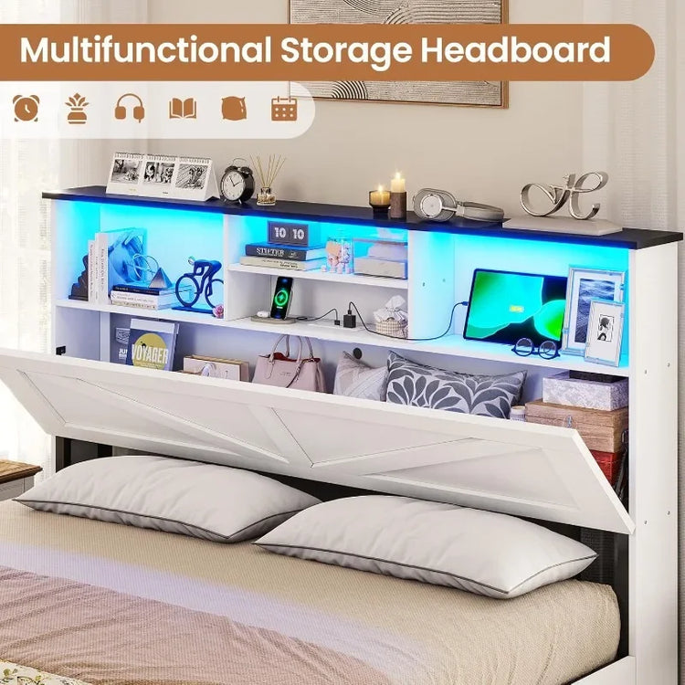Farmhouse Queen Bed Frame with Bookcase Headboard