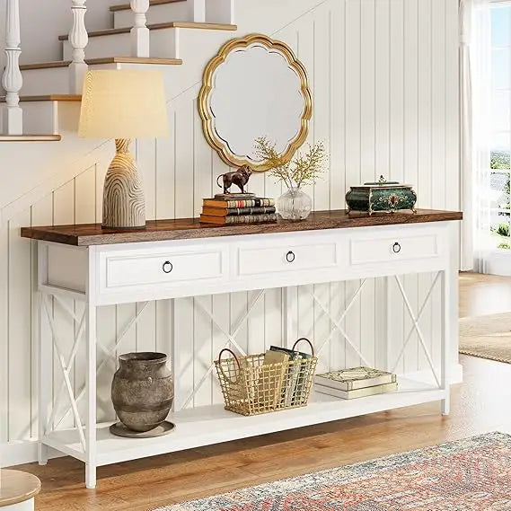Extra Long Farmhouse Console Table with Drawers & Shelf