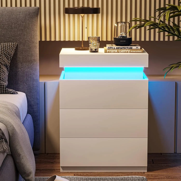 Modern LED Nightstand with Charging Station & Sliding Top