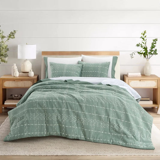 7-Piece Green Plaid Queen Comforter Set with Sheets
