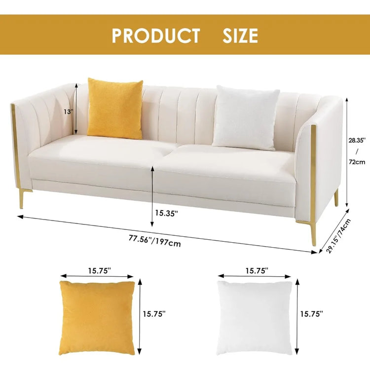 Modern White Faux Leather Sofa with Pillows