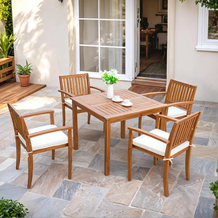 5-Piece Acacia Wood Patio Dining Set with Cushions