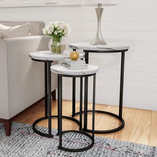 Set of 3 Round Nesting Side Tables with Faux Marble Tops