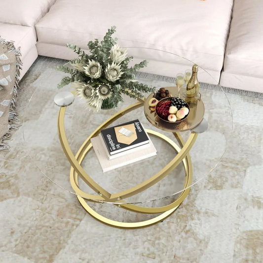 Round Glass Coffee Table with Gold Metal Frame