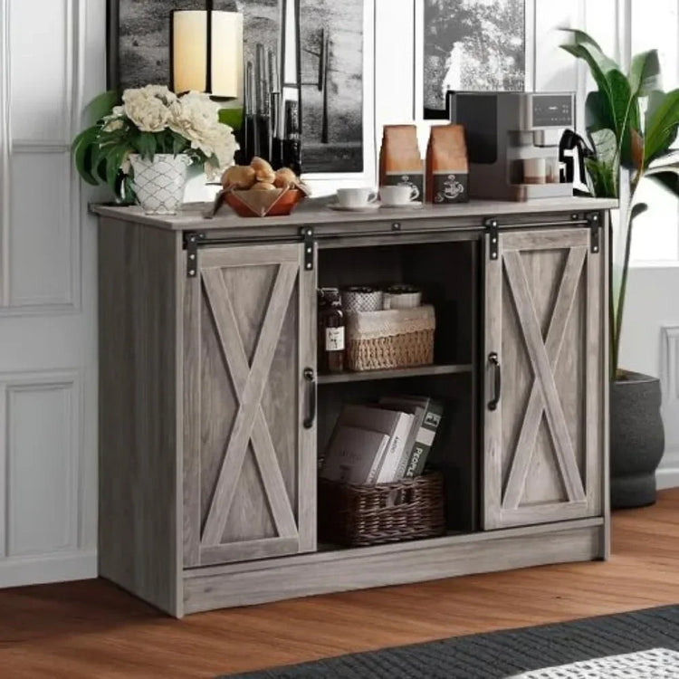 Farmhouse Coffee Bar Cabinet with Sliding Barn Door