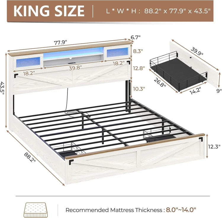 Farmhouse King Bed Frame with Bookcase Headboard