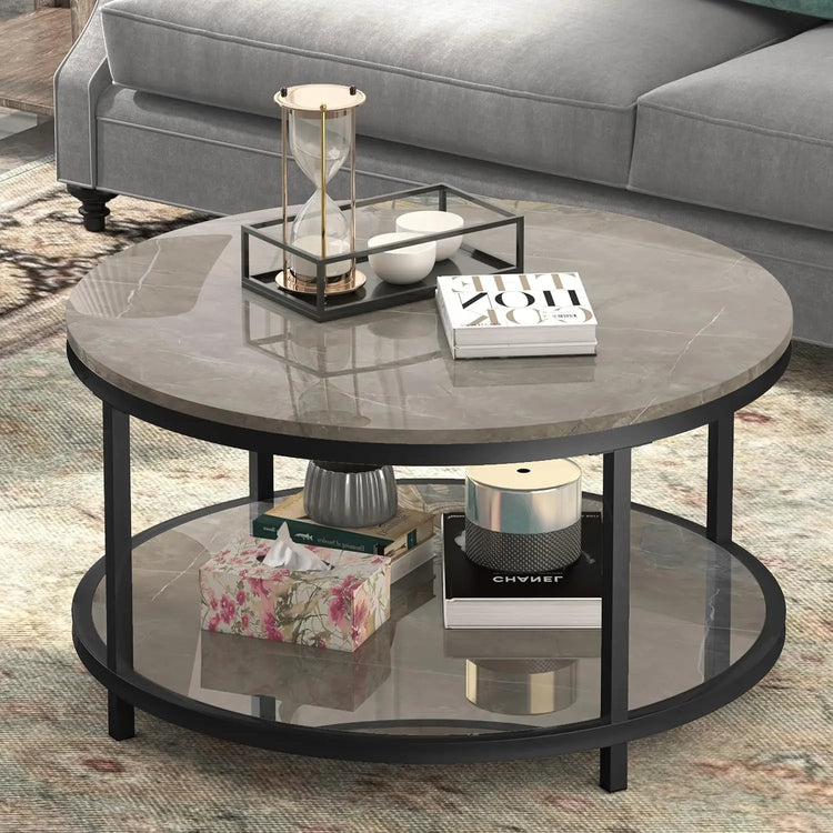Round Coffee Table with Faux Black Marble Top & Gold Frame