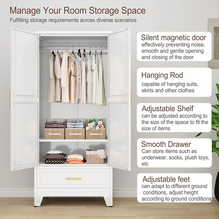 71" Metal Armoire Wardrobe with Drawers