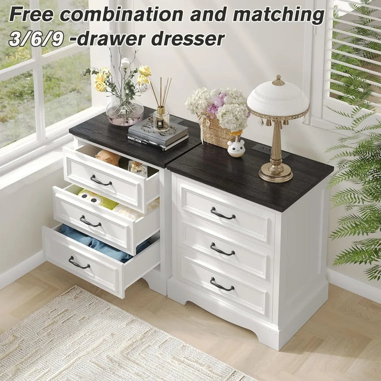 Farmhouse 3-Drawer Nightstand Set of 2 with Charging Station