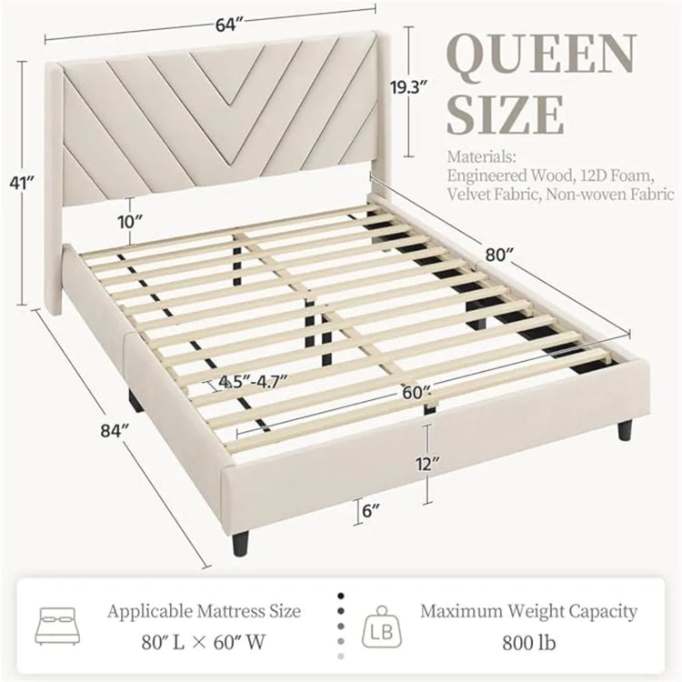 Queen Upholstered Platform Bed with Tufted Wingback Headboard