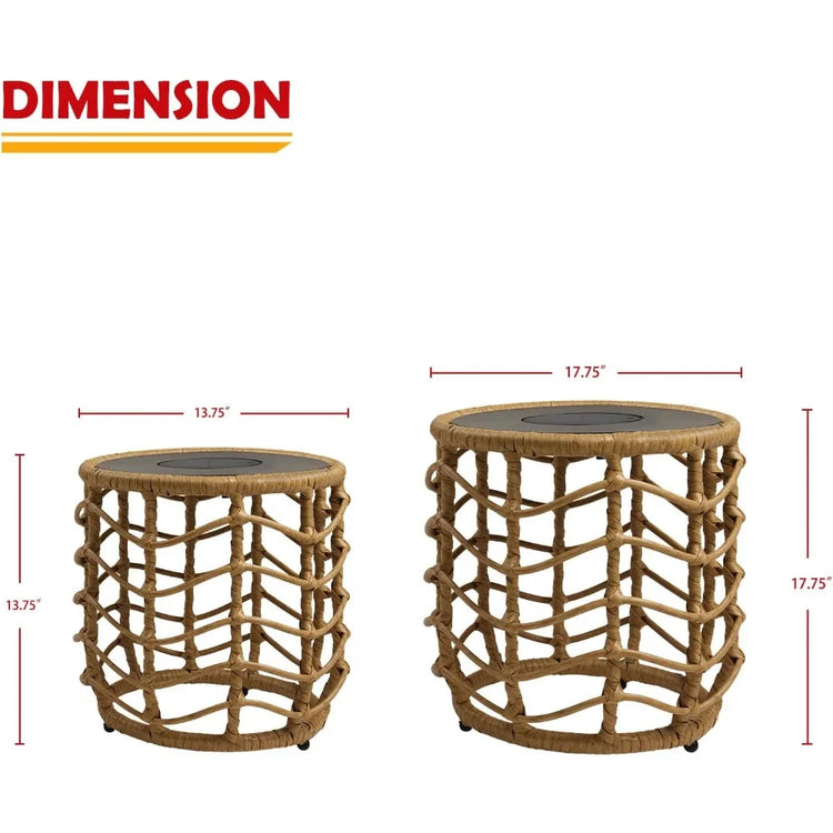 Boho Wicker Nesting Tables with Solar Lights - Set of 2
