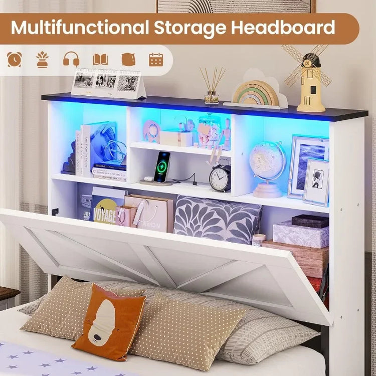 Farmhouse Twin Bed Frame with Bookcase Headboard
