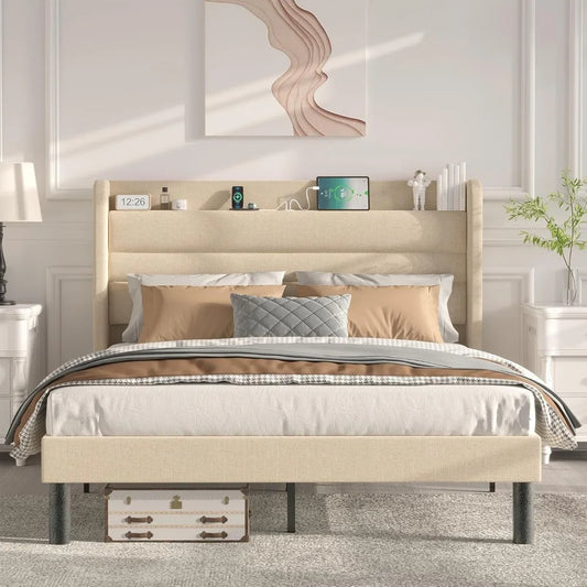 Full Size Upholstered Bed Frame with Wingback Shelf Headboard