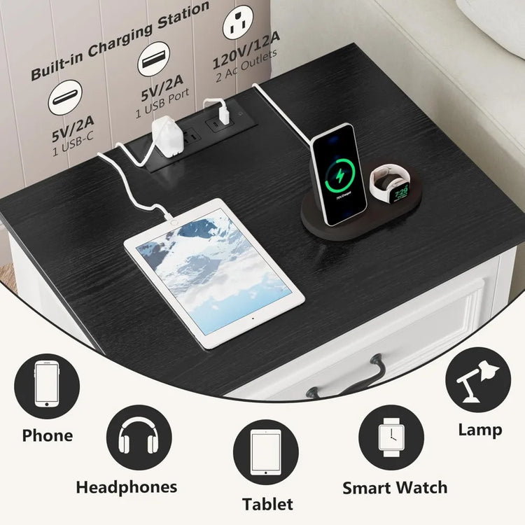 Farmhouse 3-Drawer Nightstand Set of 2 with Charging Station