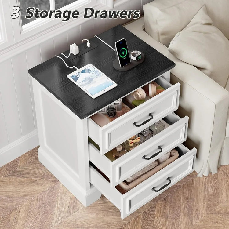 Farmhouse 3-Drawer Nightstand Set of 2 with Charging Station