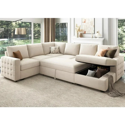 U-Shaped Velvet Sectional Sleeper Sofa with Storage Chaise
