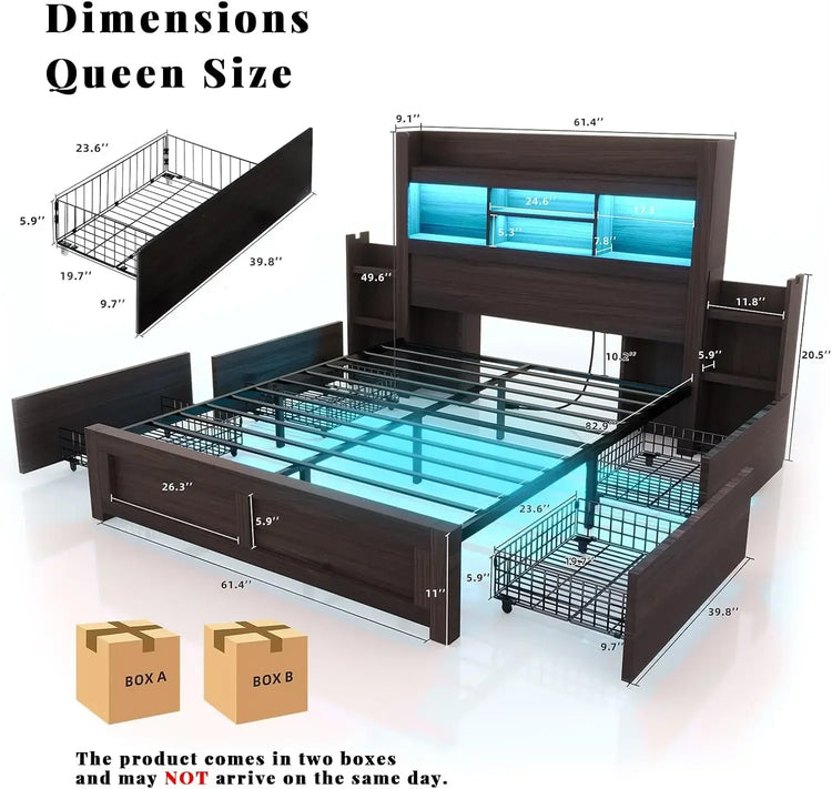 Farmhouse Queen Bed Frame with Bookcase Headboard and Attached Side Shelves