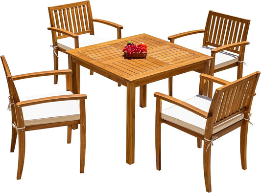 5-Piece Acacia Wood Patio Dining Set with Cushions