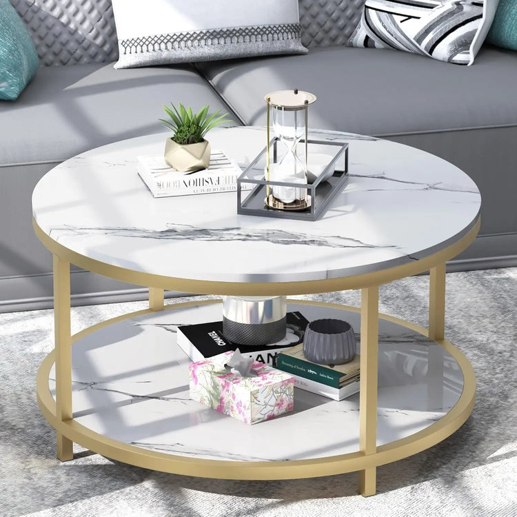 Round Coffee Table with Faux Black Marble Top & Gold Frame