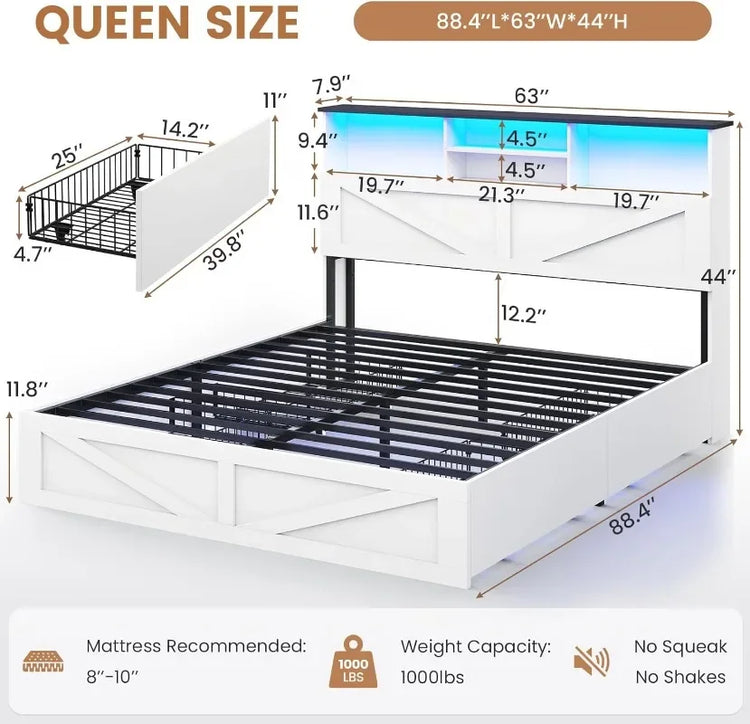 Farmhouse Queen Bed Frame with Bookcase Headboard