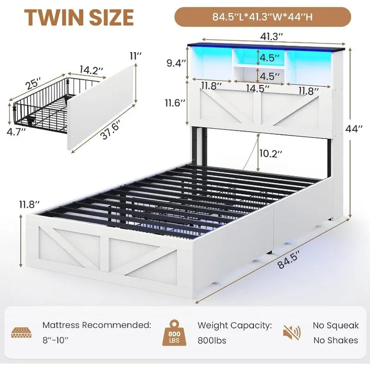 Farmhouse Twin Bed Frame with Bookcase Headboard