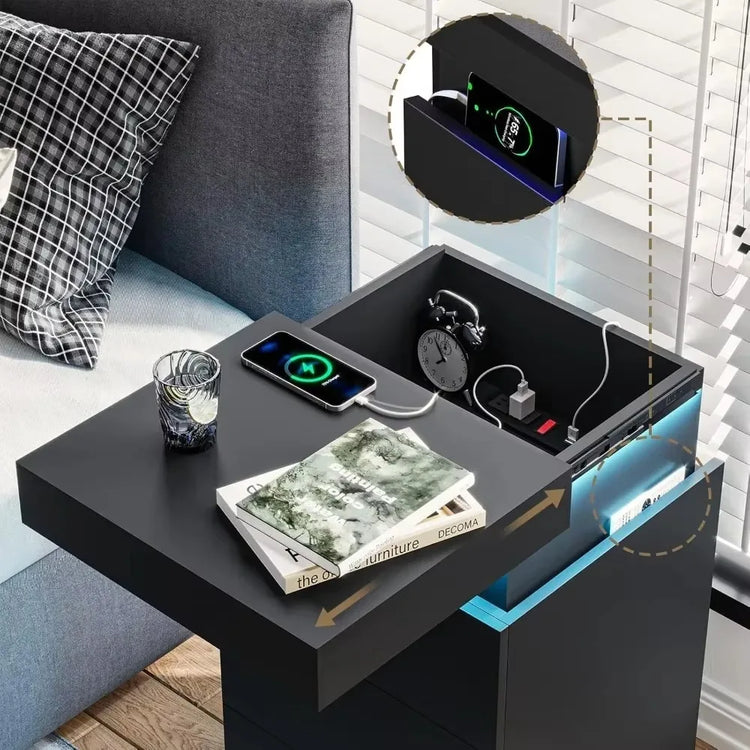 Modern LED Nightstand with Charging Station & Sliding Top
