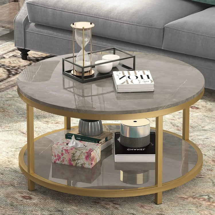 Round Coffee Table with Faux Black Marble Top & Gold Frame