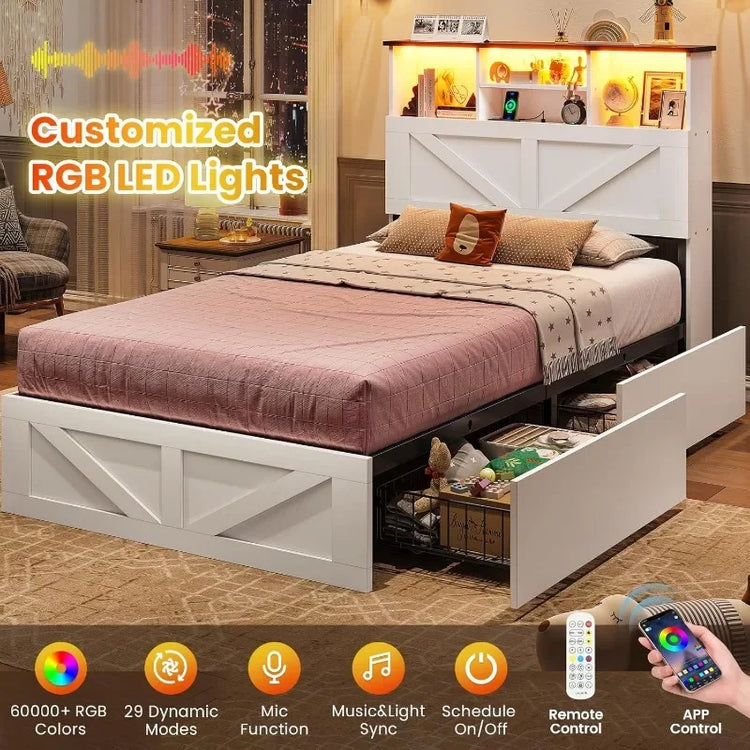 Farmhouse Twin Bed Frame with Bookcase Headboard