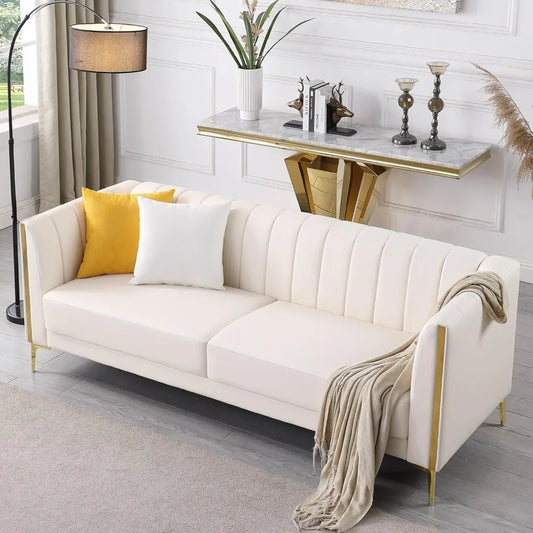 Modern White Faux Leather Sofa with Pillows