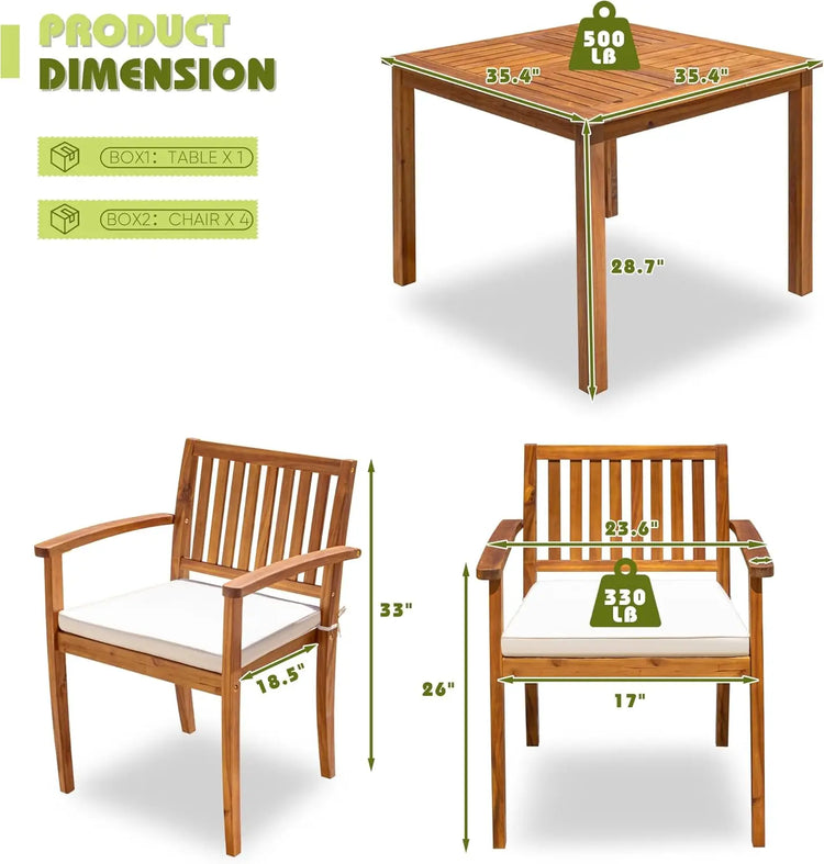 5-Piece Acacia Wood Patio Dining Set with Cushions