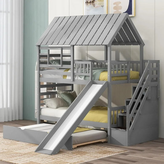 Twin Over Twin Playhouse Bunk Bed with Slide