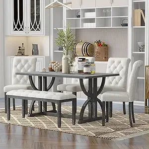 6-Piece Wooden Dining Table Set with Bench & Upholstered Chairs