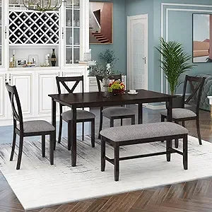 6-Piece Wooden Dining Table Set with Bench & Upholstered Chairs