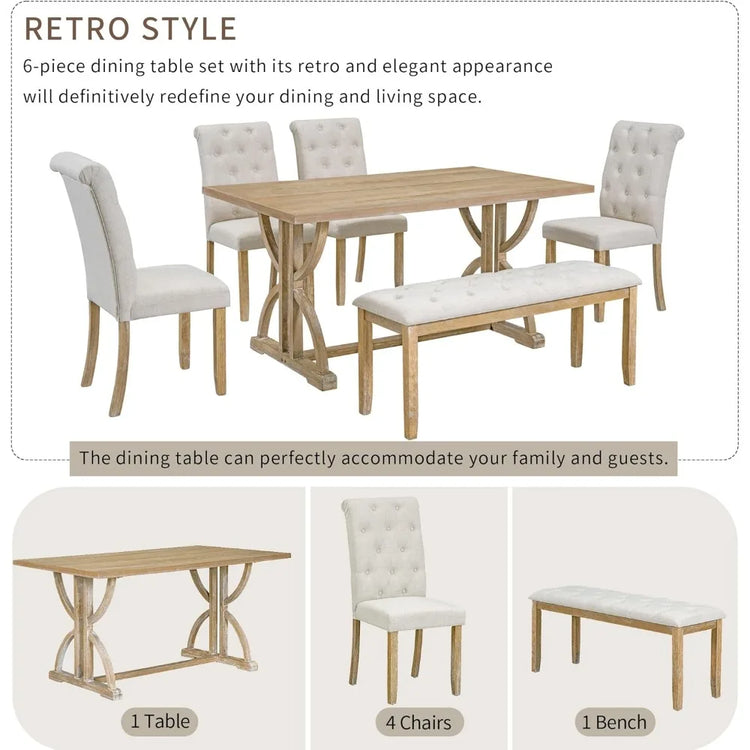 6-Piece Wooden Dining Table Set with Bench & Upholstered Chairs