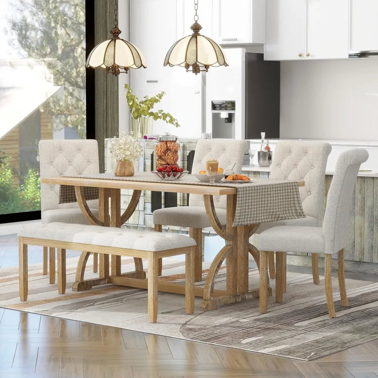 6-Piece Wooden Dining Table Set with Bench & Upholstered Chairs