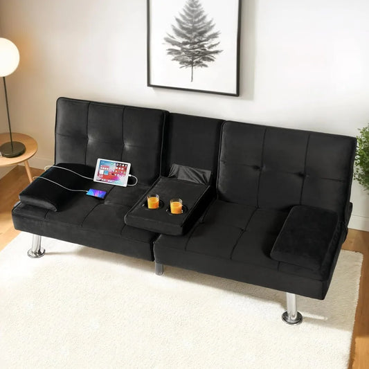Futon Sofa Bed – Convertible Sleeper Couch with USB & Type-C Ports