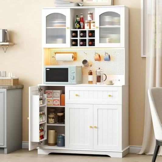 Kitchen Pantry Cabinet with Microwave Shelf & LED Light