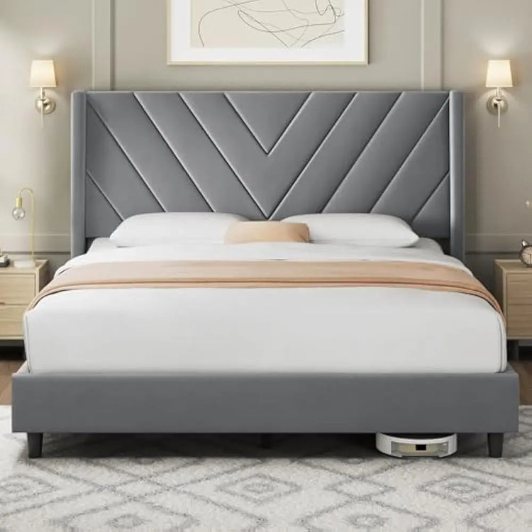Queen Upholstered Platform Bed with Tufted Wingback Headboard