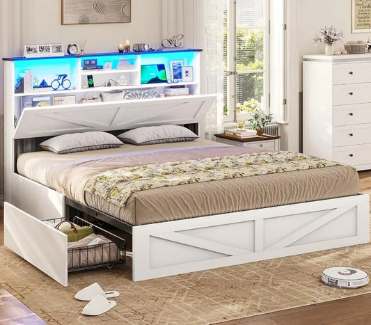 Farmhouse Queen Bed Frame with Bookcase Headboard